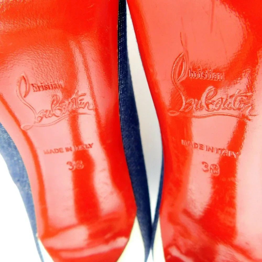 CHRISTIAN LOUBOUTIN Denim Blue Jean White Leather Stiletto Heel Pumps 38